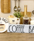 Rustic Wood Coffee Bar Organizer For Countertop With K Cup Holder And Pod Storage featuring coffee cups and jars on a wooden tray