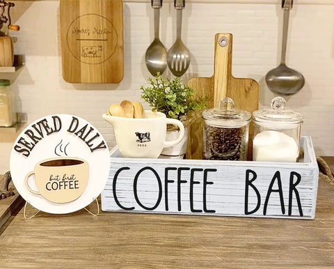 Rustic Wood Coffee Bar Organizer For Countertop With K Cup Holder And Pod Storage featuring coffee cups and jars on a wooden tray