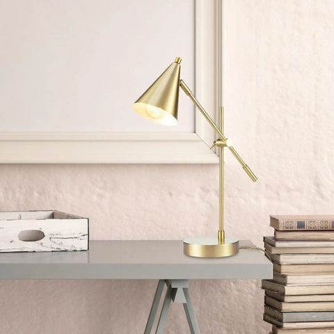 Dope Mid Century Modern 18 Inch Desk Lamp With Matte Brass Finish Adjustable Height Balance Arm Rotary Switch On Shade For Bedroom Or Office E26 Base 50W Bulb Durable Task Light For Home Office on a stylish desk with books and a decorative box