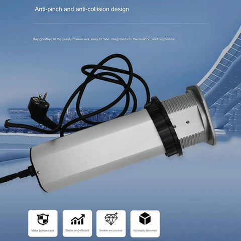 Heavy Duty Pop Up Power Strip With Integrated Wireless Charging Pad Retractable Hidden Desktop Outlet Smart Countertop Charger, showing metal housing and power cord.