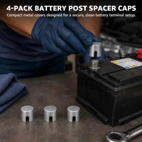 Premium Heavy Duty Battery Post Shims Caps Set Of 4 For Positive And Negative Terminals Rustproof Lead Clamps To Fix Loose Cables On Cars Trucks And Most Vehicles Guaranteed Safe Tight Connections Always, 4-pack metal caps on car battery post