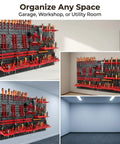 Heavy Duty Wall Mount Pegboard Organizer For Garage And Workshop Featuring Tough Pp Parts Bins Slick Steel Hooks And Knockout Build That Slap Together In Minutes Flat, showcasing tools organized on a wall-mounted pegboard.