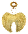 Girls Gold Foil Angel Wings With Headband Set, Sparkling Gold Feather Wings For Halloween, Carnival, Festival Party Costume shown front view