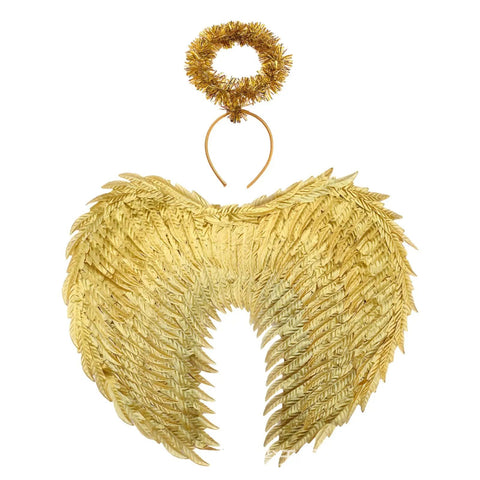 Girls Gold Foil Angel Wings With Headband Set, Sparkling Gold Feather Wings For Halloween, Carnival, Festival Party Costume shown front view
