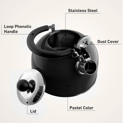 2 Quart Stainless Steel Whistling Tea Kettle For Stovetop No Fuss Quick Boil With Spill Proof Lid Works On Gas Electric Glass And Induction Ideal For Home Dorm Apartment Black, shown with lid and handle details.