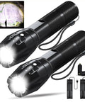 Rechargeable LED Flashlight 12000 Lumens with chargers, black pair emitting light, flashlight details visible, 5 modes, waterproof design.