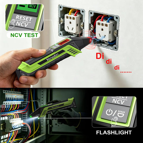 Plug-and-Play 3-In-1 Electrical Troubleshooter Circuit Breaker Locator, GFCI Outlet Tester, And Circuit Tracer With LCD Display, Wide 90 To 250V Range, Quick Diagnostic Tool For DIYers And Pros At Home showing NCV test and flashlight mode