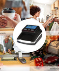 Portable Counterfeit Money Detector With Auto Feed And 4 Way Direction Cash Counting For USD And Euro UV IR MG Detection Fast Easy Money Verification For Small Businesses shown in various business settings.