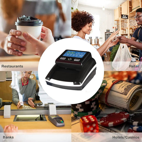 Portable Counterfeit Money Detector With Auto Feed And 4 Way Direction Cash Counting For USD And Euro UV IR MG Detection Fast Easy Money Verification For Small Businesses shown in various business settings.