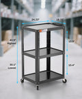 Three Shelf Metal Utility Cart On Wheels With Built In Power Strip Mobile AV Cart For Projector TV Laptop Printers And Office Tech