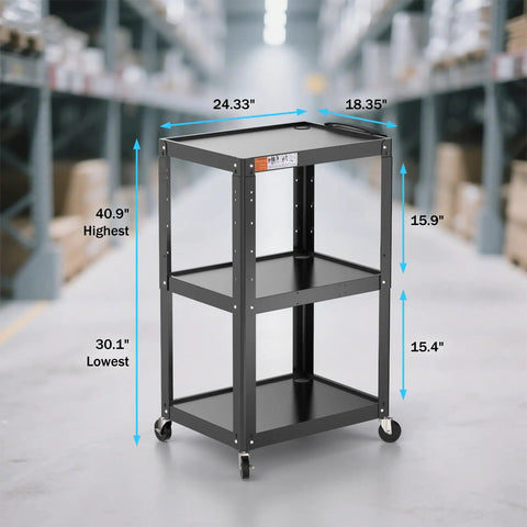Three Shelf Metal Utility Cart On Wheels With Built In Power Strip Mobile AV Cart For Projector TV Laptop Printers And Office Tech