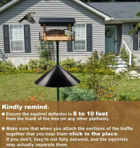 Heavy Duty Squirrel Proof Bird Feeder Baffle 19 Inch Diameter Pole Mount Shield installed outdoors on shepherd hook