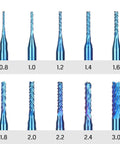 Ten nano blue-coated CNC router end mills with 1/8 inch shank, sizes 0.8–3 mm