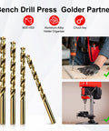 Badass M35 Cobalt Drill Bit Set Five Piece 3/8 Inch HSS Twist Bits displayed with a drill press for metal and wood cutting.