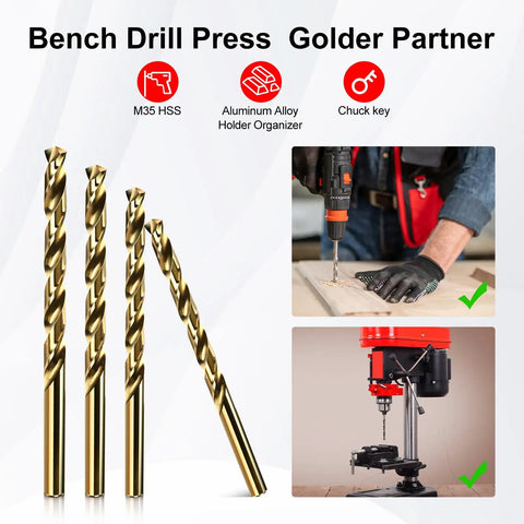 Badass M35 Cobalt Drill Bit Set Five Piece 3/8 Inch HSS Twist Bits displayed with a drill press for metal and wood cutting.