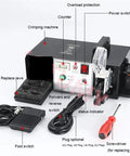 Heavy Duty Electric Terminal Crimping Machine With Seven Replaceable Dies For Automatic Stripping And Cutting Wire Press Clamp Tools 0.25 To 35mm2 Professional Grade Power Tool with control panel and accessories.
