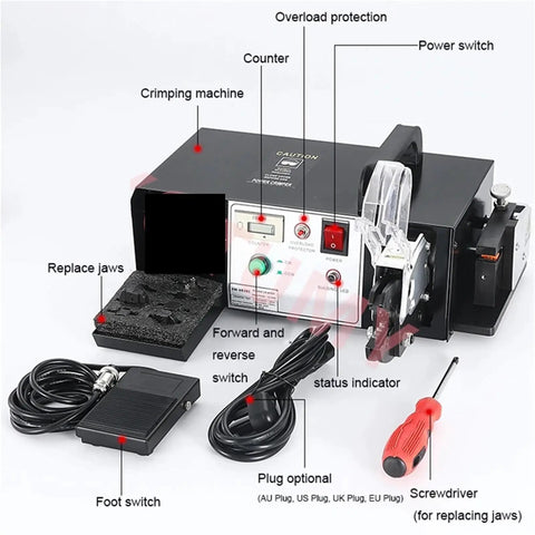 Heavy Duty Electric Terminal Crimping Machine With Seven Replaceable Dies For Automatic Stripping And Cutting Wire Press Clamp Tools 0.25 To 35mm2 Professional Grade Power Tool with control panel and accessories.