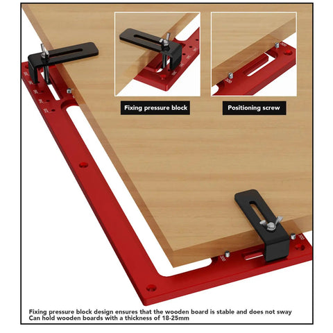 Zero Mess Cabinet Door Flush Mount Template Aluminum Alloy Slotting Guide Set Includes Semi Circular Router Bit For Dead Nuts Accurate Woodworking Projects, showing fixing pressure block and positioning screw for stability.