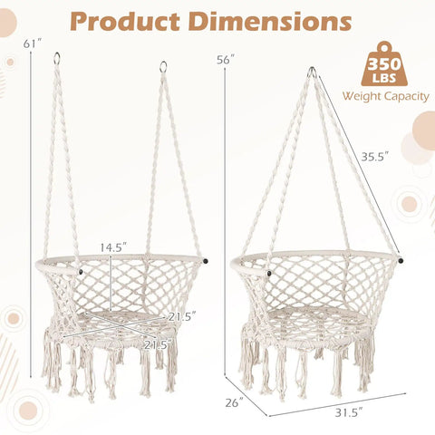 Product dimensions of Beige Macrame Hammock Chair With 350 Pound Capacity displayed with handwoven tassels.