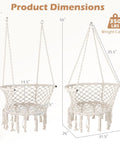 Macrame Hammock Chair With Tassels, Cozy Boho Hanging Swing For Indoor Or Outdoor Use, Beige, dimensions and weight capacity.