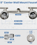 Diagram of Workhorse Wall Mount Kitchen Faucet With 8 Inch Centers, Double Handles, Brushed Nickel, dimensions highlighted