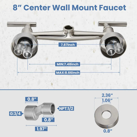 Diagram of Workhorse Wall Mount Kitchen Faucet With 8 Inch Centers, Double Handles, Brushed Nickel, dimensions highlighted