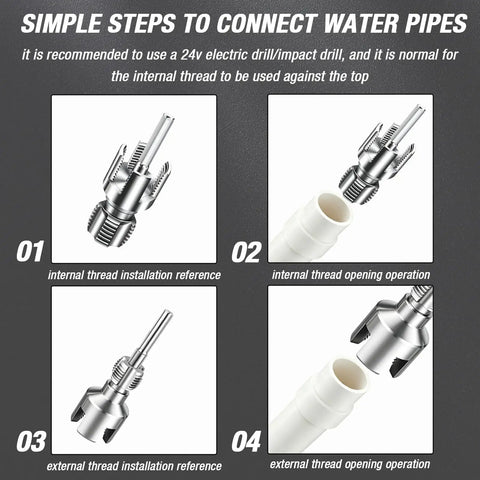 Diagram of All in One Pipe Threader Kit for One Half, Three Quarters, and One Inch Pipes Internal and External Threading Tool Four in One Water Pipe Threader with Dies for PVC Copper and Steel Plumbing Projects DIYers Friendly showing steps for threading.