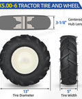 Replacement Tiller Tire And Wheel Set For 13x5-6 Size With 1 Inch Axle And 3 1/8 Inch Hub, front and side view with dimensions