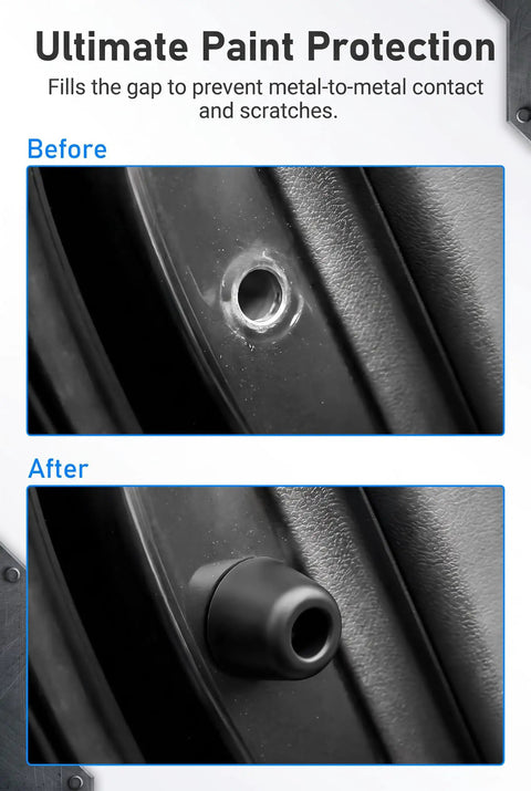 Before and after comparison of car door buffer pad installation showing protection against scratches. Amp Up Your Daily Ride With These Top Shelf 10 Pack Car Door Buffer Pads Heavy Duty Rubber Shock Absorbers Silence Door Slams Cushion Impact And Guard Panels In Black.