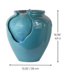 Teal Glazed Pot Water Fountain With Built In Led Light And Pump For Outdoor And Indoor Use, Chill Patio Garden Backyard Deck Decor, 17 Inch Height, Weatherproof Polyresin, Soothing Water Flow