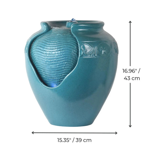 Teal Glazed Pot Water Fountain With Built In Led Light And Pump For Outdoor And Indoor Use, Chill Patio Garden Backyard Deck Decor, 17 Inch Height, Weatherproof Polyresin, Soothing Water Flow