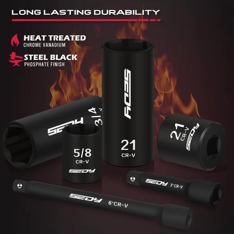 Three Eighths Inch Drive Impact Socket Set 49 Piece Built Tough Includes SAE From Five Sixteenths To Three Quarters Inch And Metric 8 To 22 Millimeters With Extension Bars And Universal Joint Deep And Shallow Sockets CR V Construction For Heavy Duty, close-up view with heat-treated CR-V steel and black phosphate finish.