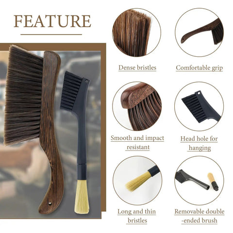 No Sweat Coffee Grinder Brush Set With Removable Heads And Heavy Duty Wood Handles Built To Knock Out Espresso Residue Fast Dead Simple Counter Sweeping showing dense bristles and comfortable grip.