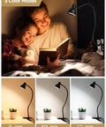 Clip-On Reading Light With Eye Care, 3 Color Modes And 10 Dimmable Levels, Flexible Gooseneck Desk Lamp, cozy reading scene