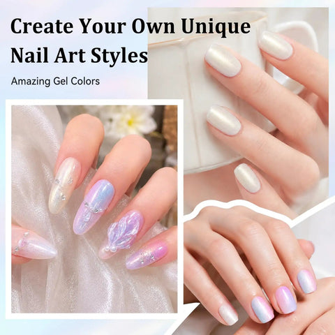 Bio Based Pearl Gel Nail Polish Set With Six Iridescent Shimmer Shades for DIY manicure featuring glazed aurora finish