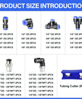 Push To Connect Air Fittings Kit For 1 Quarter Inch 3 Eighth Inch 1 Half Inch 1 Eighth Inch Tubing Pack Of 98 copper and plastic components