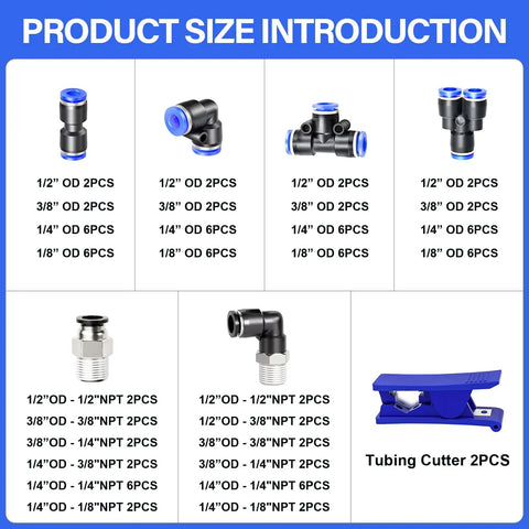 Push To Connect Air Fittings Kit For 1 Quarter Inch 3 Eighth Inch 1 Half Inch 1 Eighth Inch Tubing Pack Of 98 copper and plastic components