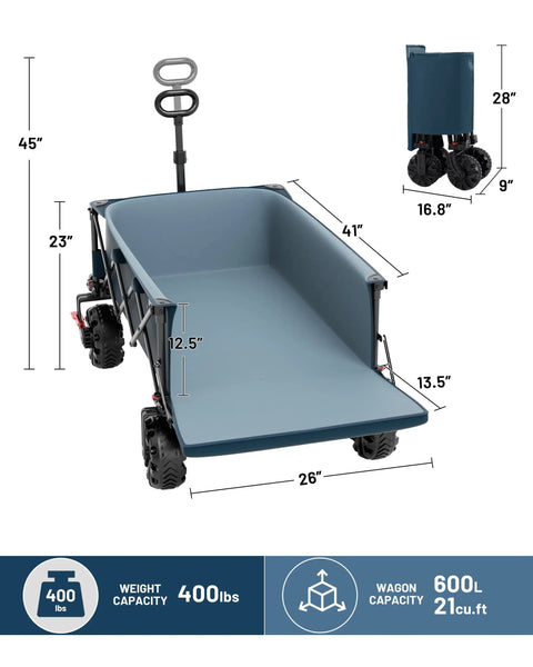 Beast Wagon 600L Folding Utility Wagon With Extra Wide 26 Inch Wheels For All Terrain Use Tailgate Access Cargo Net And 400 Lb Load Capacity Perfect For Camping Sports Dogs And Outdoor Adventures Blue, dimensions shown