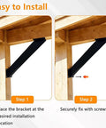 Installation steps for Beefy 45 Degree Angle Support Bracket For Outdoor Shelters And Wall Cabinets with wood beams.