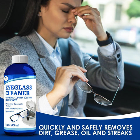 Front view of blue plastic eyeglass cleaner bottle, 8 oz ultrasonic cleaner solution