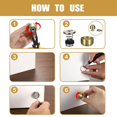 Installation steps for 4 Pack Magnetic Door Stoppers With Screws, Heavy Duty Door Holder And Wall Mount Catcher, Gold Finish