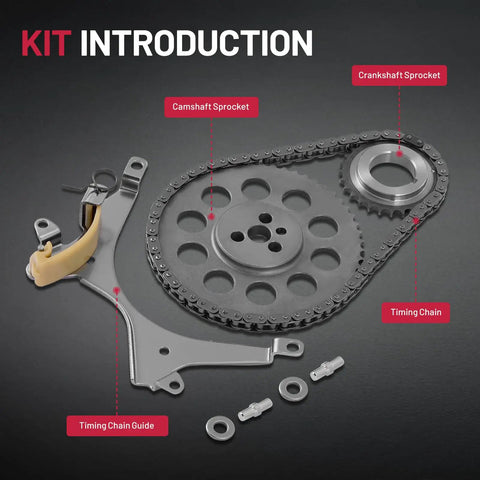 4.3L V6 Engine Timing Chain Kit With Sprocket For Chevy And GMC Trucks And Vans 1999 To 2003 parts display on black background