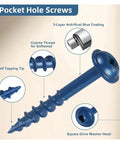 Number 8 X 1.25 Inch Pocket Screws Set with Square Drive and Driver Bit Blue Coated, self-tapping tip, square drive washer head.