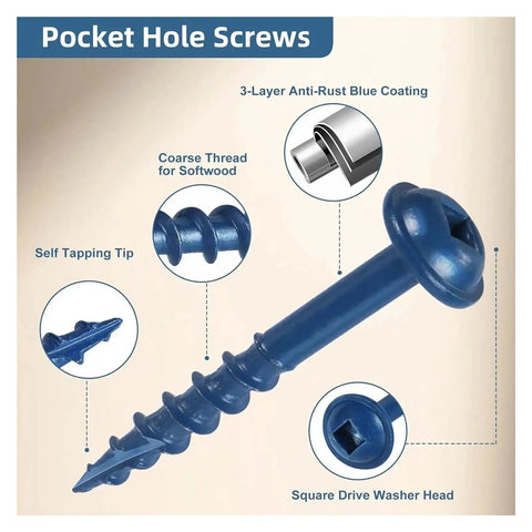 Number 8 X 1.25 Inch Pocket Screws Set with Square Drive and Driver Bit Blue Coated, self-tapping tip, square drive washer head.