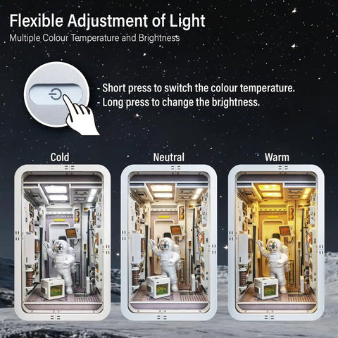 Space Capsule Book Nook Kit With LED Light showing color settings: cold, neutral, and warm temperature options.