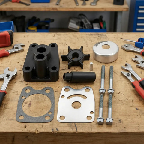 Industrial Water Pump Repair Kit With Impeller Assembly For Marine Outboard Motors 2 Stroke 4 Kilowatts Includes Replacement Components To Refresh Cooling System And Keep Your Marina Workshop On Point. kit parts on workbench