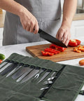 Pro Grade Heavy Duty Waxed Canvas Knife Roll Case For Chefs with knives, portable organizer in kitchen setting