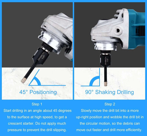 Two-panel view of 1/4 in dry diamond core drill bits set (2 pcs) on an angle grinder with 5/8-11 thread