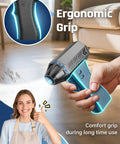 Person holding Cordless Air Duster With 300000 RPM Brushless Motor, 8000mAh Battery, ergonomic grip visible in living room setting.