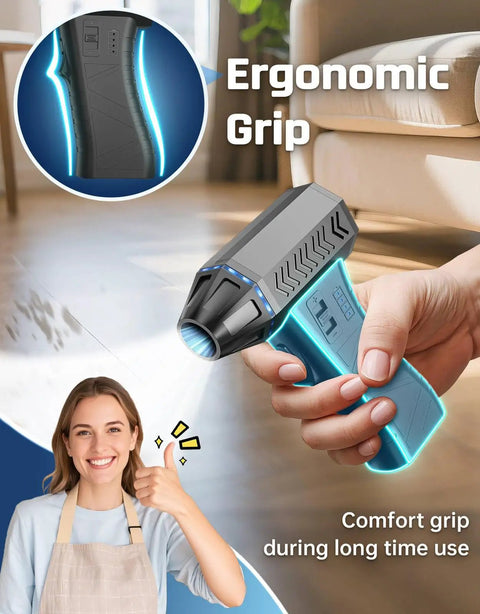 Person holding Cordless Air Duster With 300000 RPM Brushless Motor, 8000mAh Battery, ergonomic grip visible in living room setting.